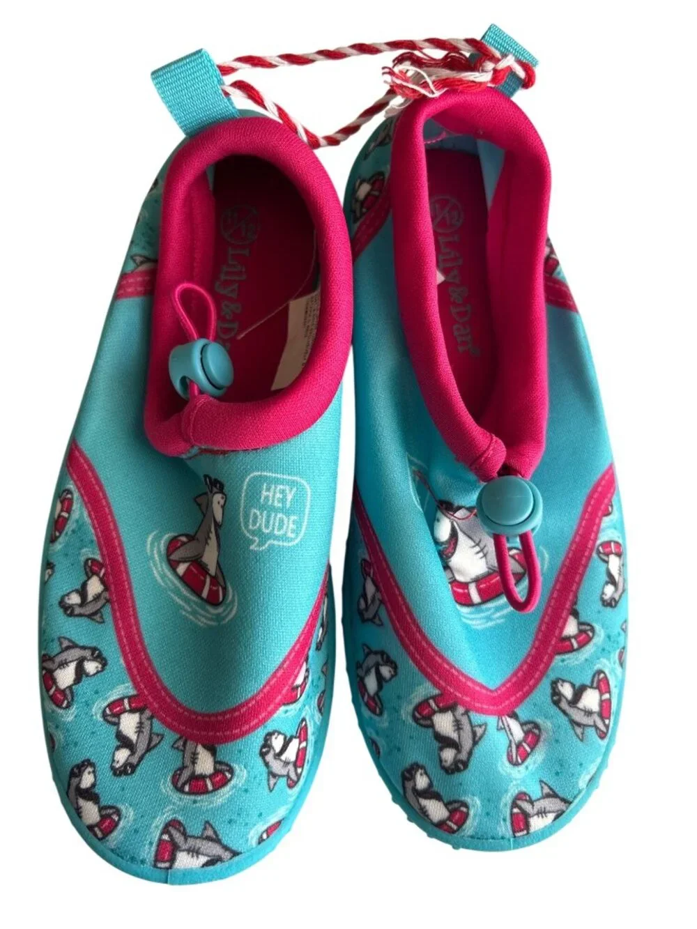 Lily & Dan Kids Water Shoes Size 11/12 Shark Print Aqua & Pink Non-Slip Sole